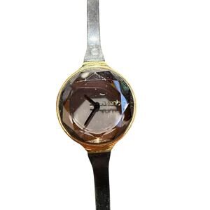 RumbaTime Faceted Crystal Gold Tone Japan Movt Black Strap Women's Watch